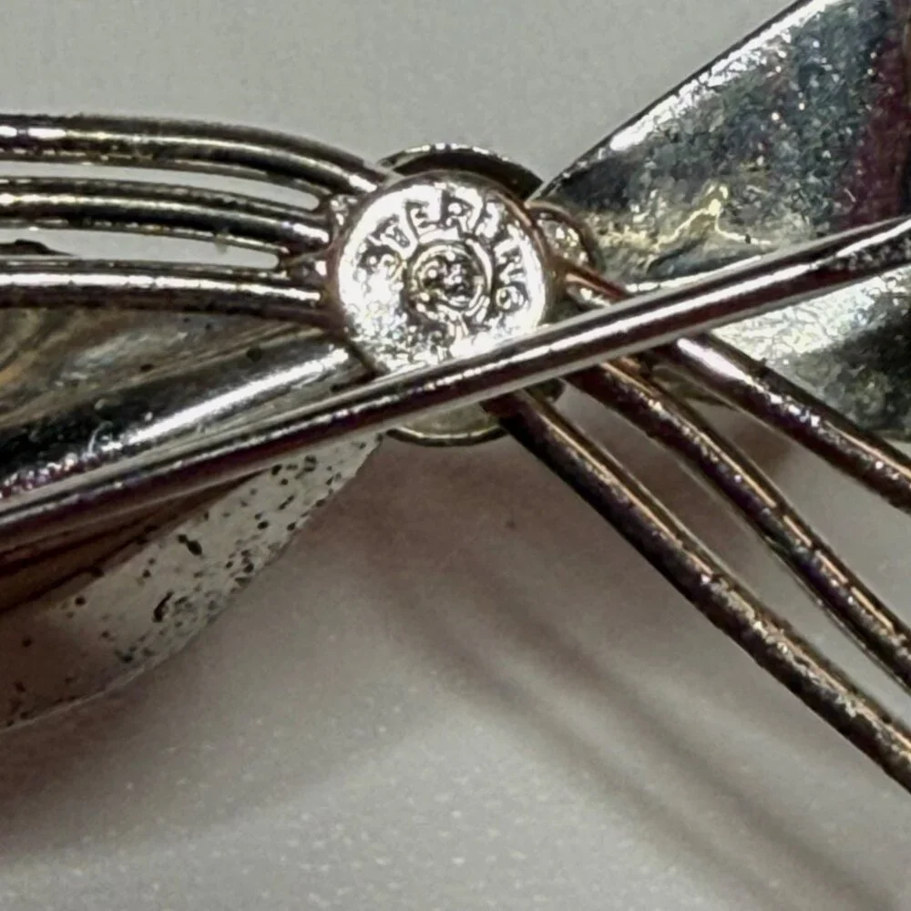 Vintage Sterling Silver Floral Spray Brooch Pin Hemotite Stone Buds Textured Lea